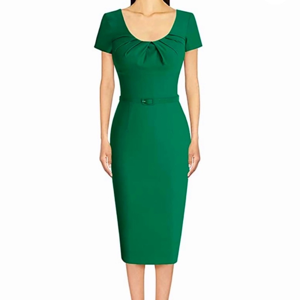 MUXXN Retro Emerald Green Short Sleeve Pleated Pencil Dress Green Large